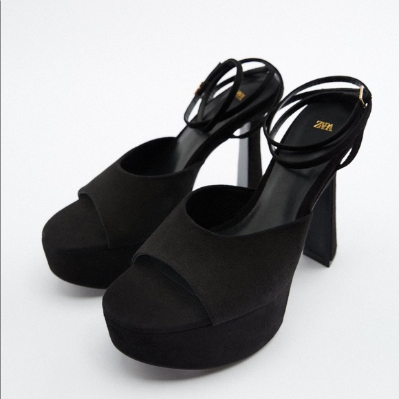 ZARA Black Suede Platform Sandals with Heel - Picture 2 of 7